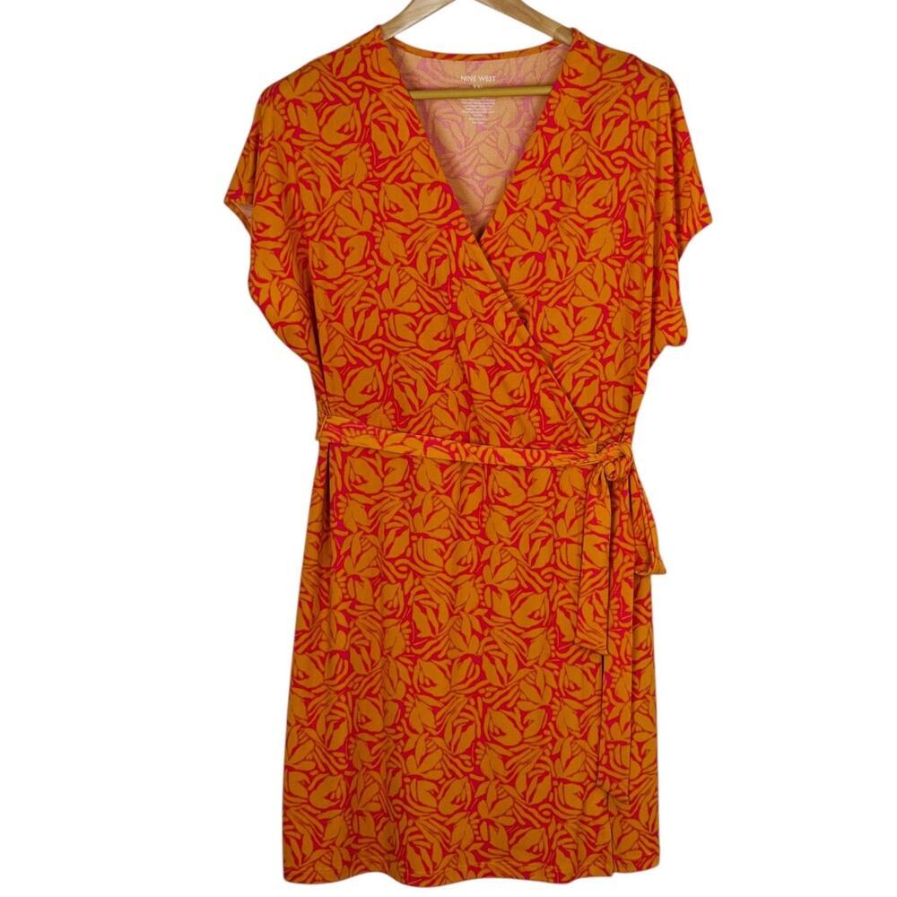 Nine West Women’s Wrap Dress Orange Pink Tropical Floral Print Surplice Neck 2XL